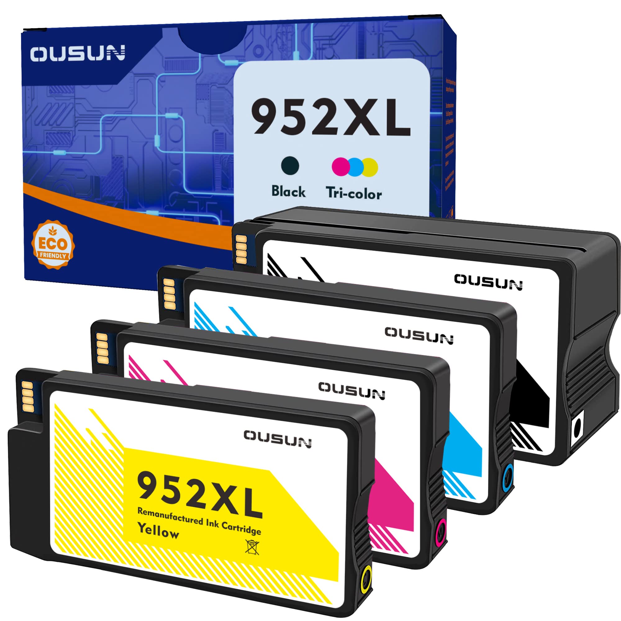 HP Remanufactured 952XL Black Cyan Magenta Yellow Ink Cartridges (4-Pack) Replacement for HP 952 XL Works with OfficeJet Pro 8702 8720 7740 8740 7720 8715 8710 Series