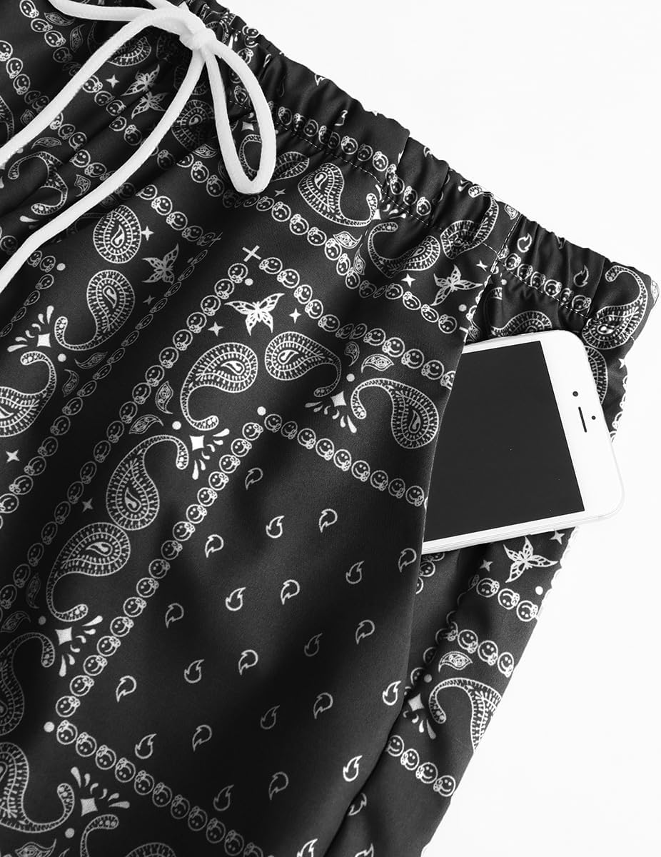 Men's Boho Tribal Paisley Print Drawstring Waist Summer Beach Hawaiian Cool Graphic Shorts with Pockets Black - Image 4