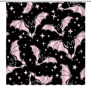 NYCCSM Spooky Halloween Shower Curtain Gothic Horror Halloween Pink and Black Bats Fabric Bathroom Decor Sets with Hooks,71W x71H