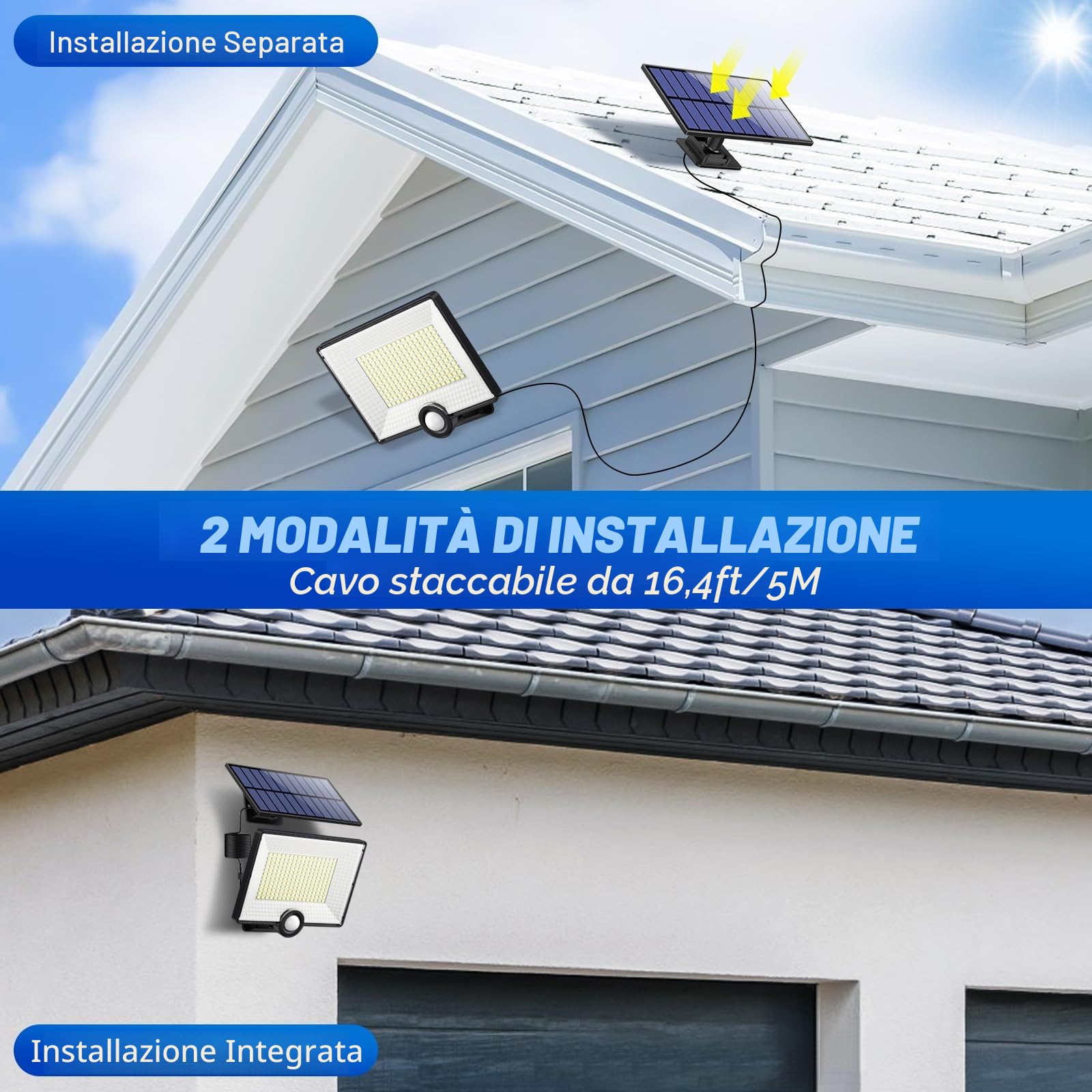 Pxwaxpy 4 Pezzi-Luce Solare LED Esterno [204LED] Lampada Solare da Esterno con Sensore di Movimento, IP65 Impermeabile Farette Solare a LED da Esterno con Cavo di 5M Pannello Solare Indipendente
