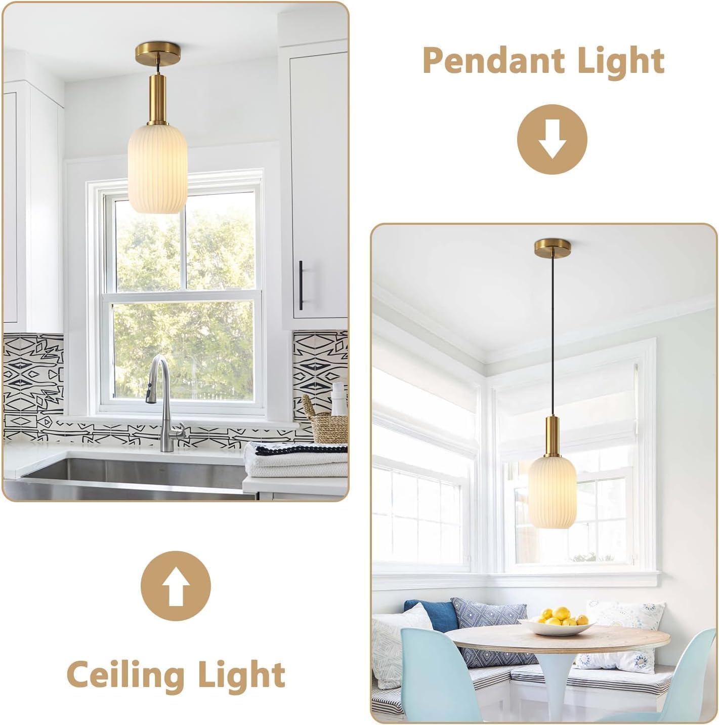 KCO Lighting Modern White Ribbed Pendant Light Small 1-Light Milk Glass Kitchen Lighting Fixtures Ceiling Mount Mid Century Frosted Globe Pendant Light Single Brushed Gold Hanging Lighting, 13cm