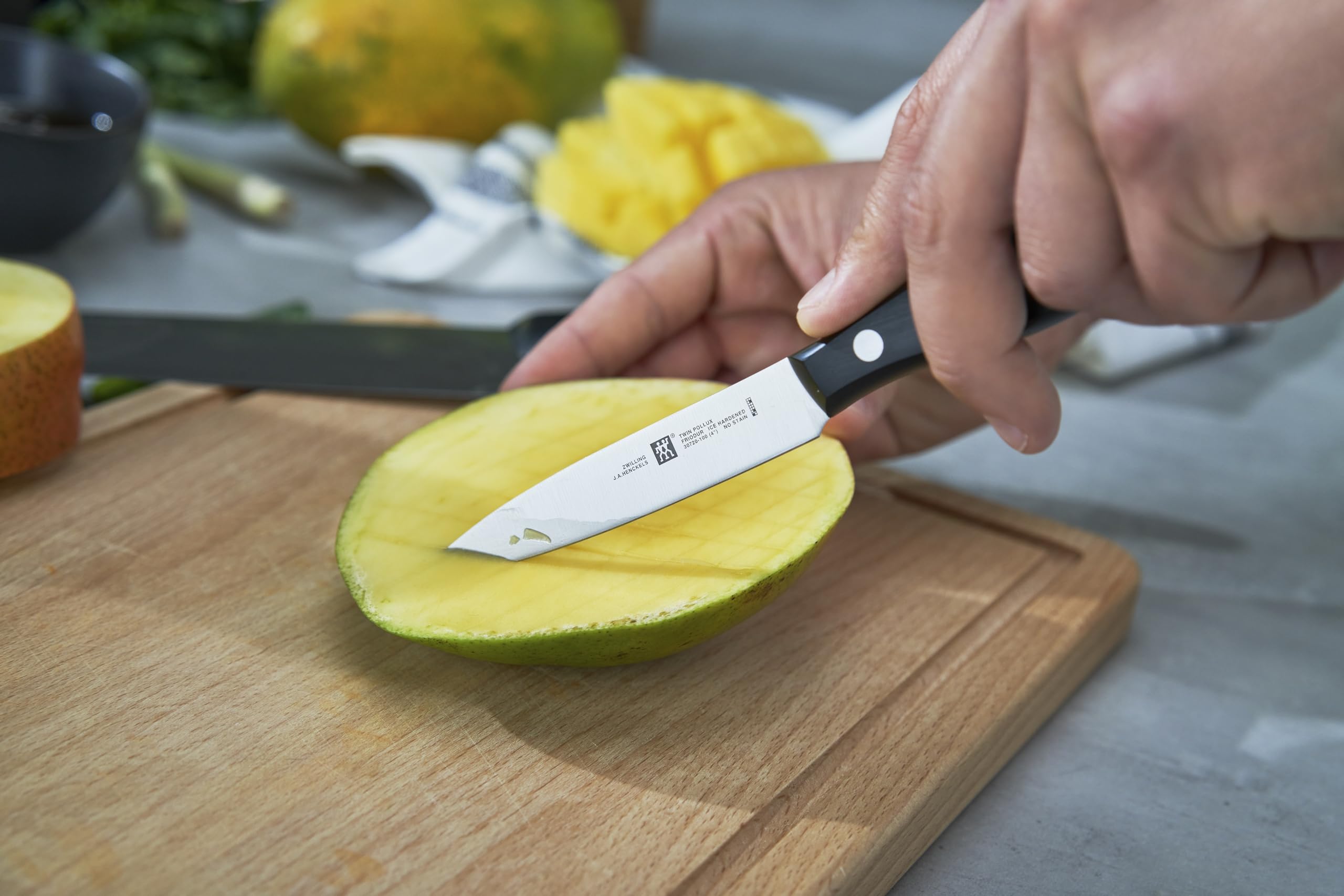 ZWILLING Juego de cuchillos, 3 piezas, Cuchillo para mechar y adornar, Cuchillo para carne, Cuchillo de chef, Mango especial de acero inoxidable/plástico, Twin Pollux