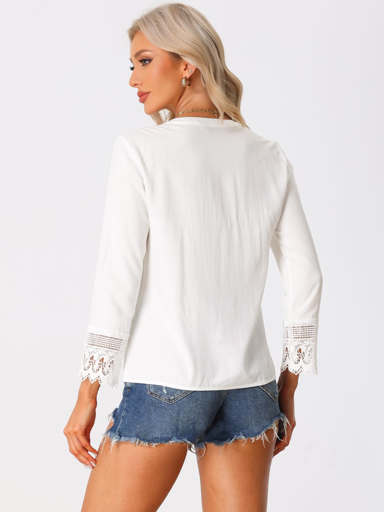 Allegra K Blusa bohemia para mujer, con solapa de medio botón, manga larga, encaje y ganchillo