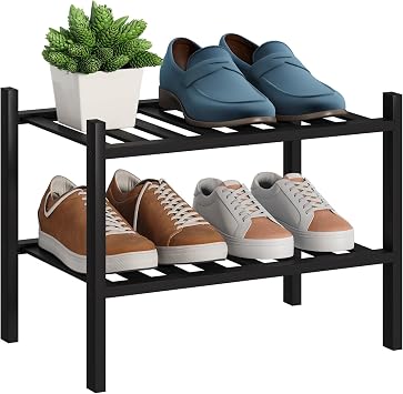BMOSU 2-Tier Bamboo Small Shoe Rack Premium Stackable Shoe Shelf Storage Organizer for Hallway Closet Living Room Entryway Organizer Black Bamboo