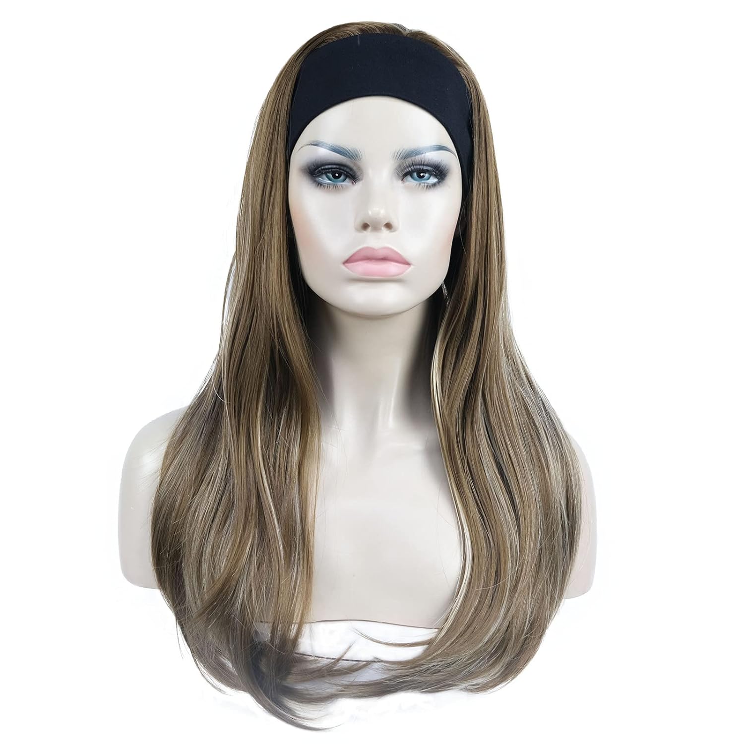 Aimole Long Straight 3/4 Women’s Wigs Hair Piece Synthetic Hair with Black Headband (12TT26 Brown Highlights)