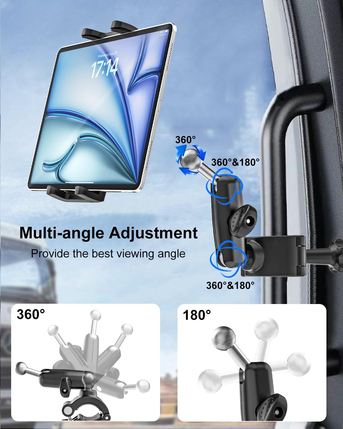 Grab Handle Tablet Holder for Truck/Car, Shockproof Metal Arm Tablet Mount Clamp for Tractor, Picku, SUV, Van, Excavator, Front Loader, Forklift, Compatible with 4-13" iPad Pro Air, iPhone