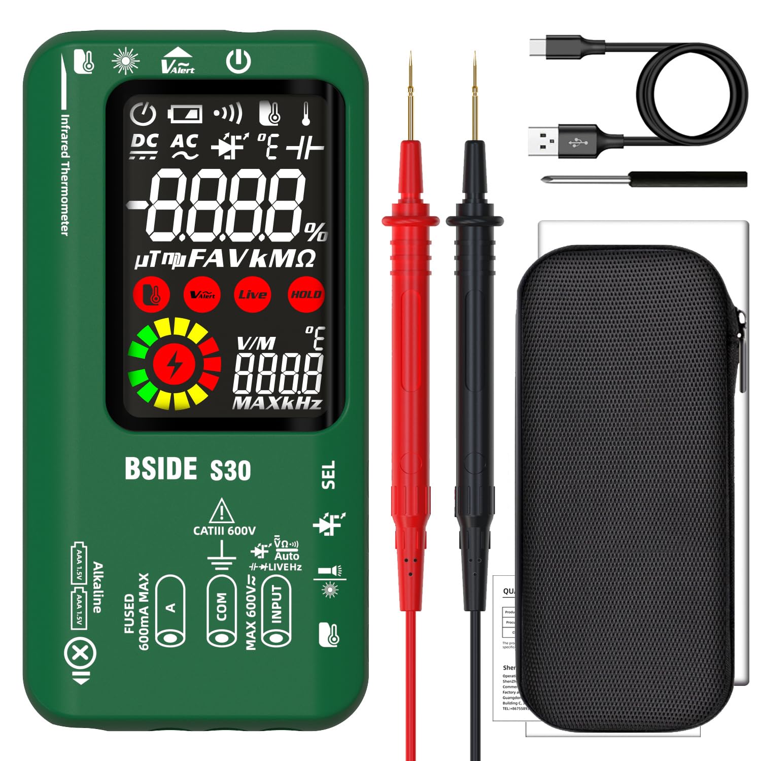BSIDE Digitales Automatisches Multimeter Infrarot Thermometer Hochspannung Diode LED Tester 9999 Zähler Farb LCD Spannungsprüfer Strommessgerät Kapazität Diode Ohm Messgerät für LED KFZ Elektriker