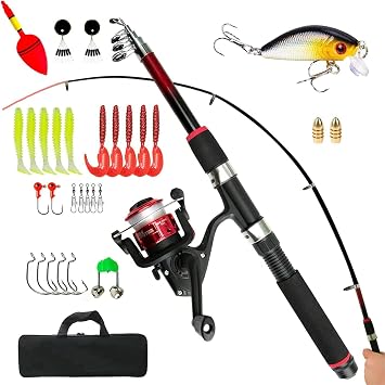 1.8m Telescopic Fishing Rod and Spinning Reel Combo, Lightweight Starter Fishing Kit with Line, Lures Case & Carry Bag, Portable for Travel, Surf, Saltwater & Freshwater Beginners