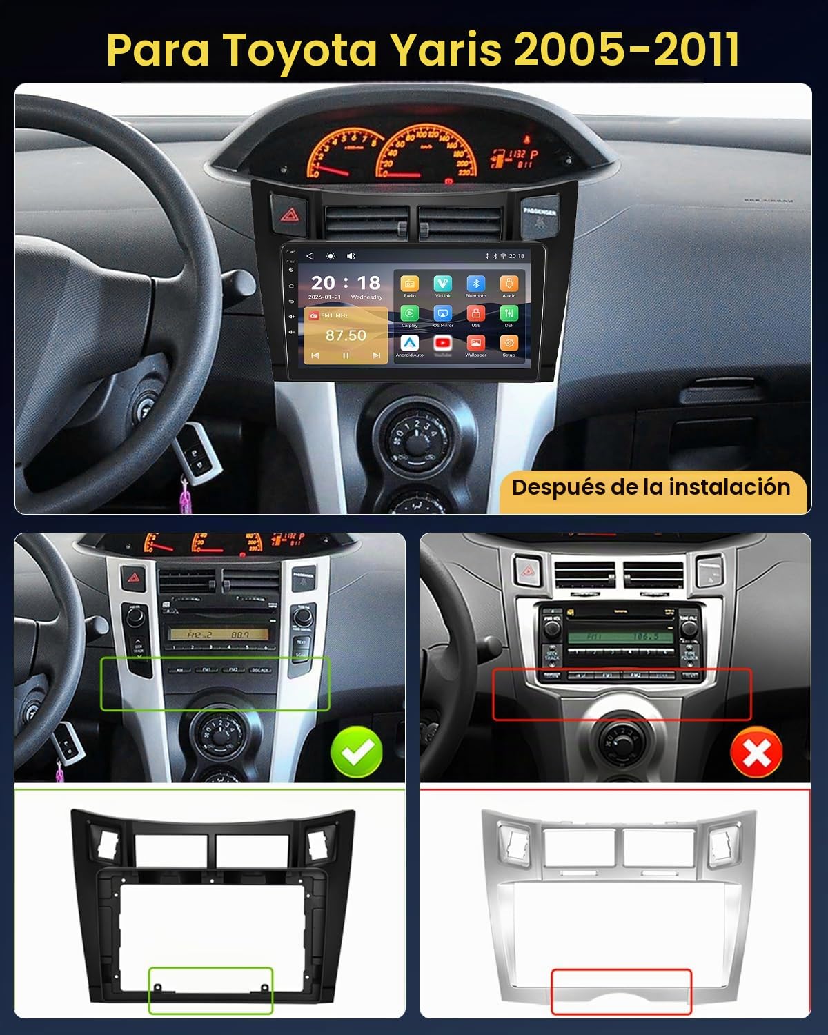 Radio de Coche para Toyota Yaris 2005-2011 | Pantalla IPS Táctil 9" | Apple CarPlay y Android Auto | Plug & Play | Bluetooth 5.1 | FM RDS | DSP | Controles al Volante | Cámara de Marcha Atrás