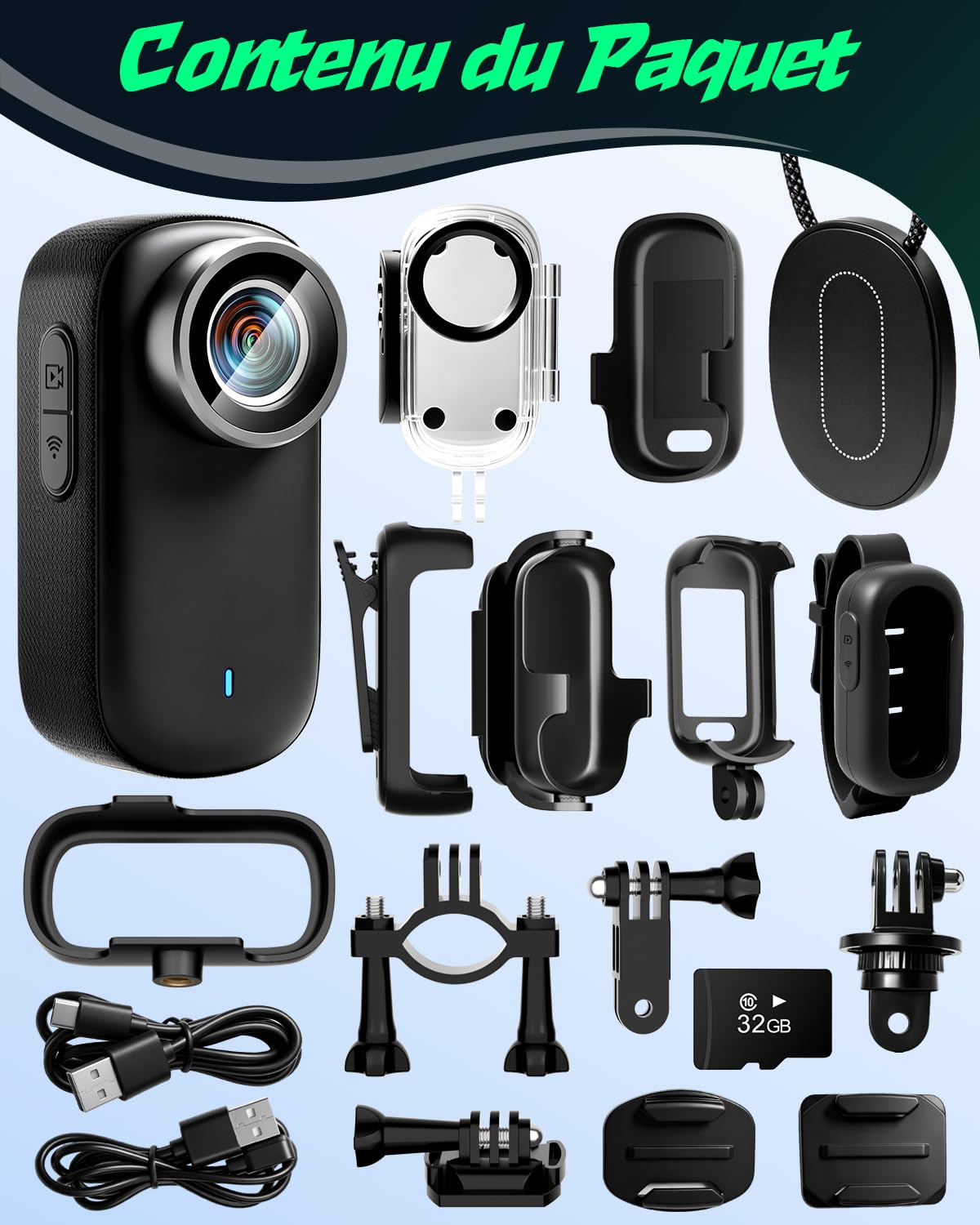 Mini Caméra Sport 4K, 32GB Action Cam WiFi, 150° Portable Caméra Corporelle