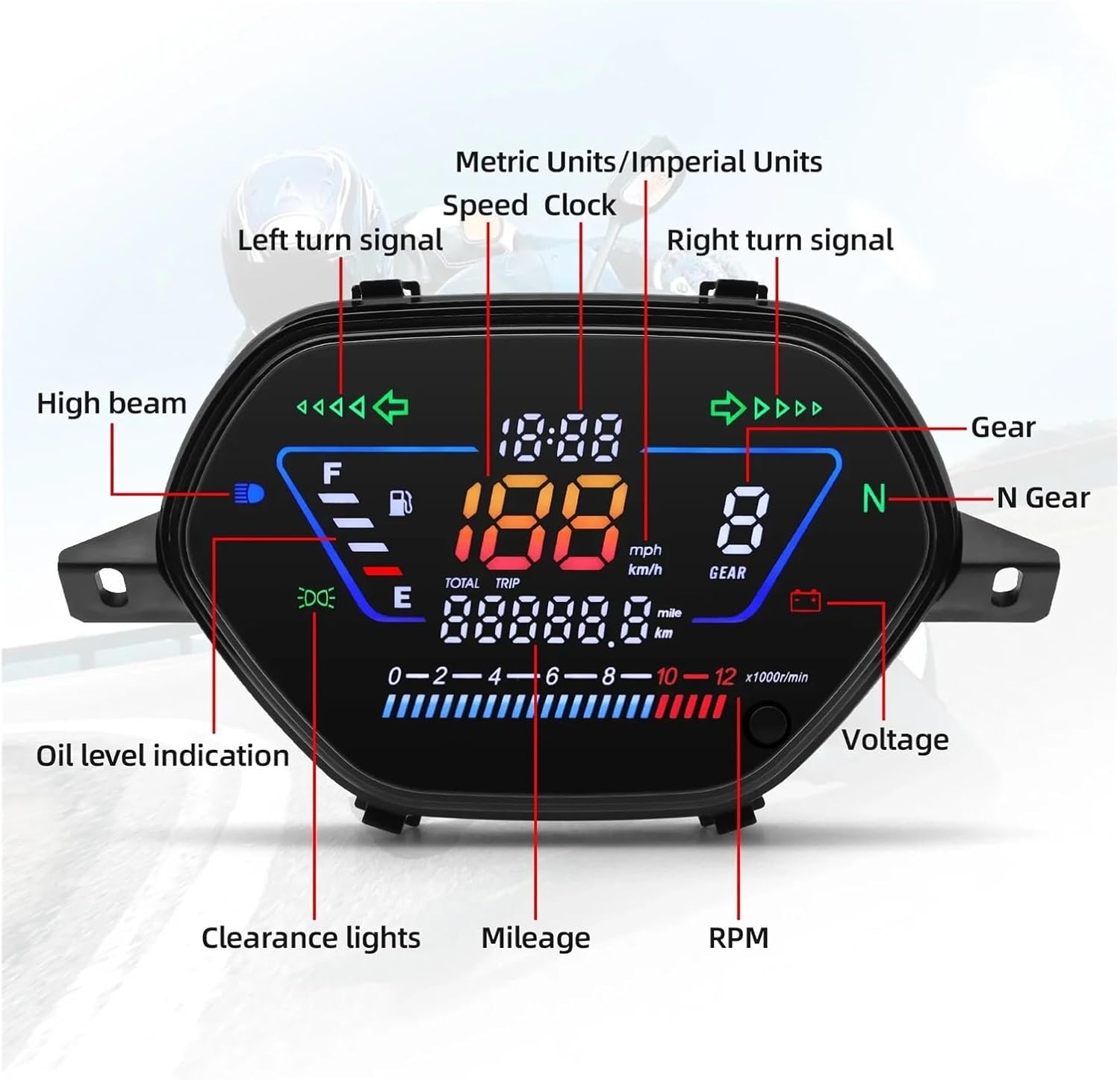 Speedometer Gauge Motorcycle Digital Instrument Dashboard LED Speedometer Tachometer Voltage Fuel Gauge Odometer Gear for Wave C100 CD10