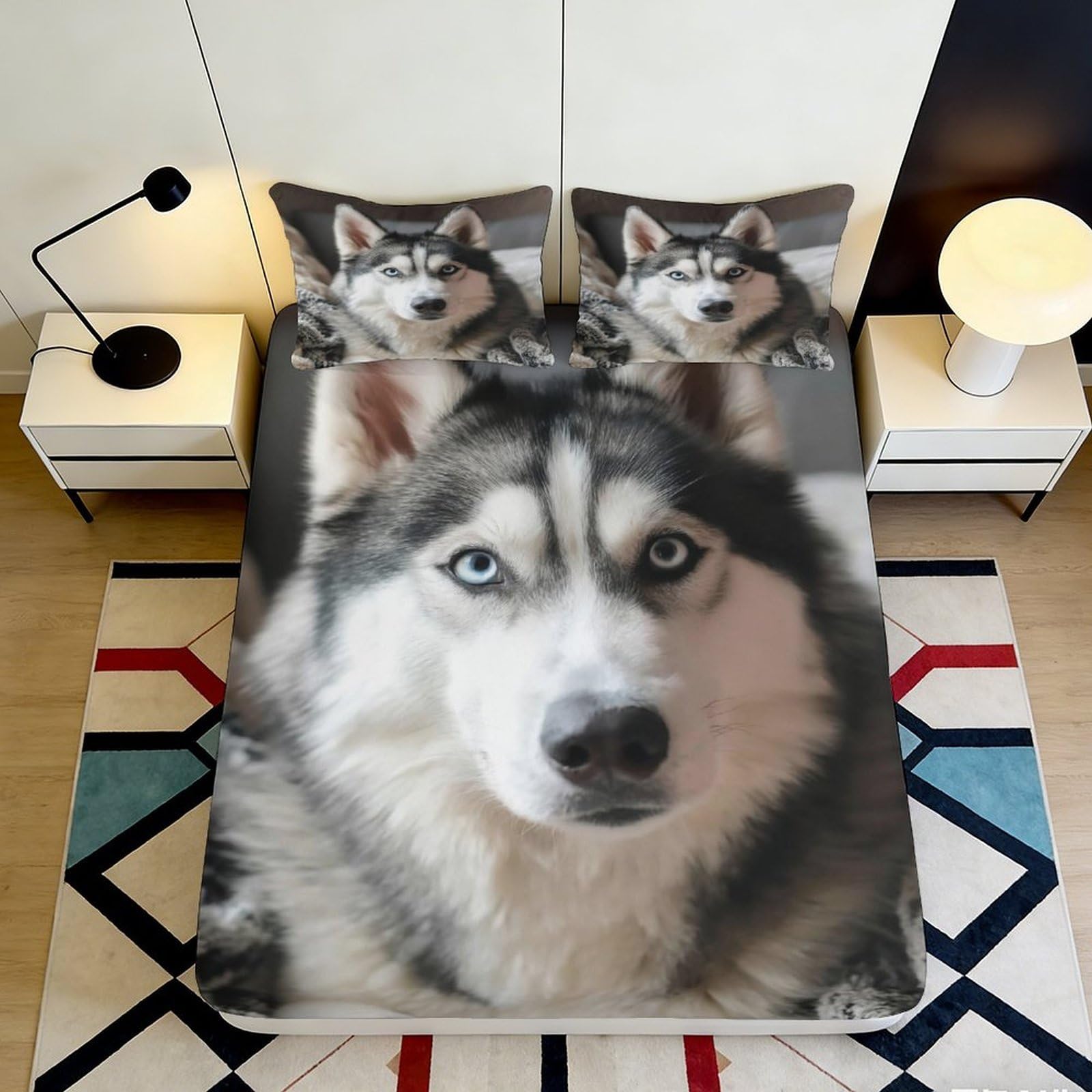 3D Printed Husky Dog Fitted Sheet Microfiber Soft Breathable Wolf Face Mattress Cover for Bedroom Guest Room Decor 90x200x25cm