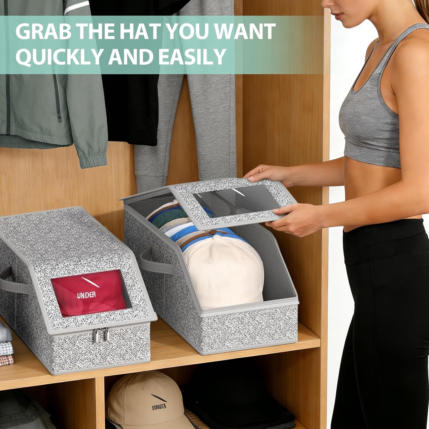 2 PCS Stackable Hat Organizer for Baseball Caps, Clear Window Dustproof Storage Boxes with Cardboard, Holds Up to 30 Caps, Sturdy Closet Hat Storage for Men & Women (Grey)