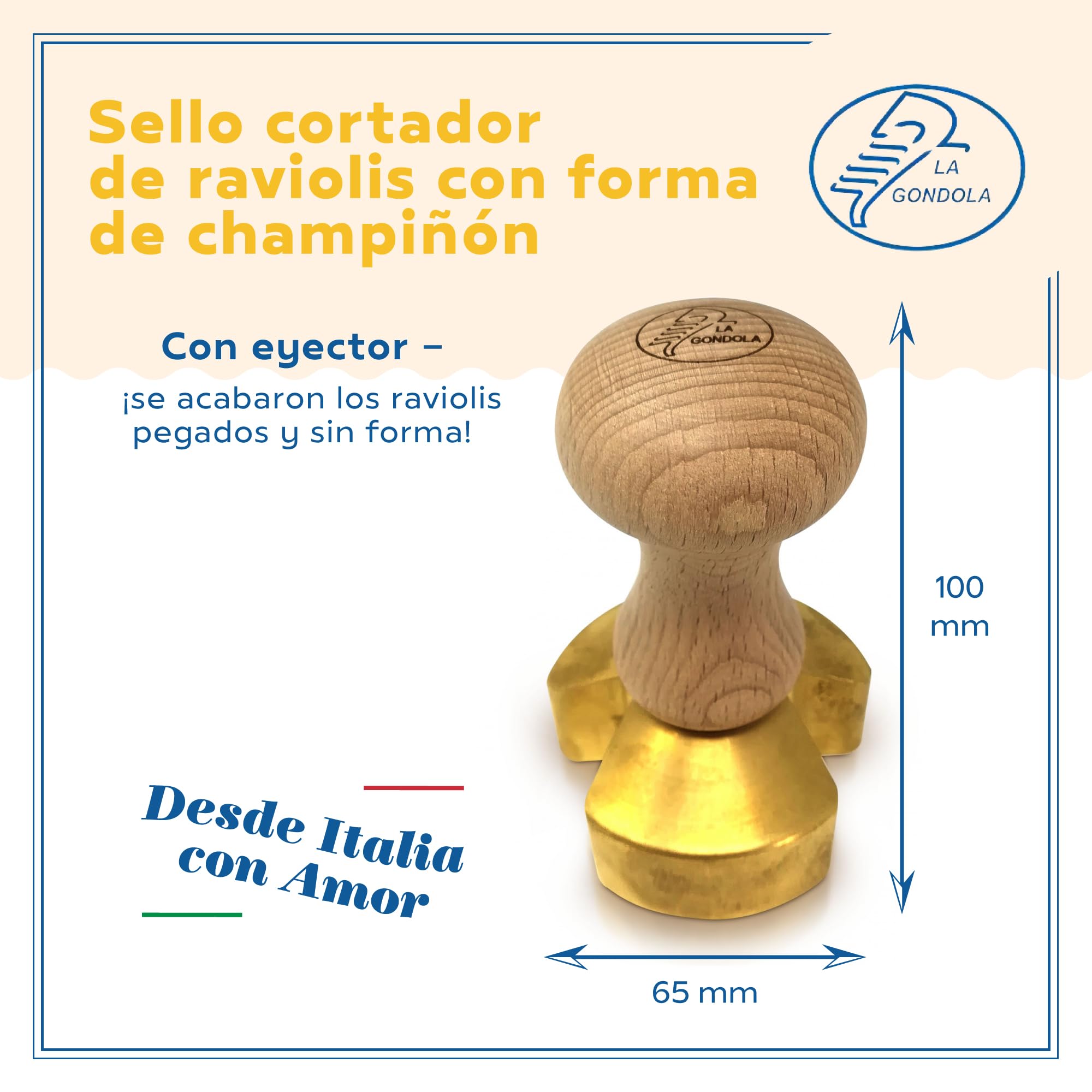 La Gondola Cortador de Raviolis Caseros - Forma de Champiñón 65 mm | Cortapastas de Latón y Madera Natural | Cortador de Pasta Robusto y Fácil de Usar | Utensilios para Pasta Fresca Hechos en Italia