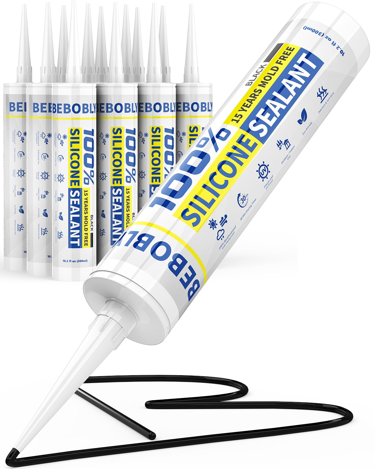 Black Silicone Caulk & Sealant, 100% Waterproof Silicone Caulking, Silicone Sealant Caulking for Kitchen, Bathroom, RV, Interior & Exterior Use, Shrink & Crack Proof, 10.2 FL. OZ/300ML, 12 Pack