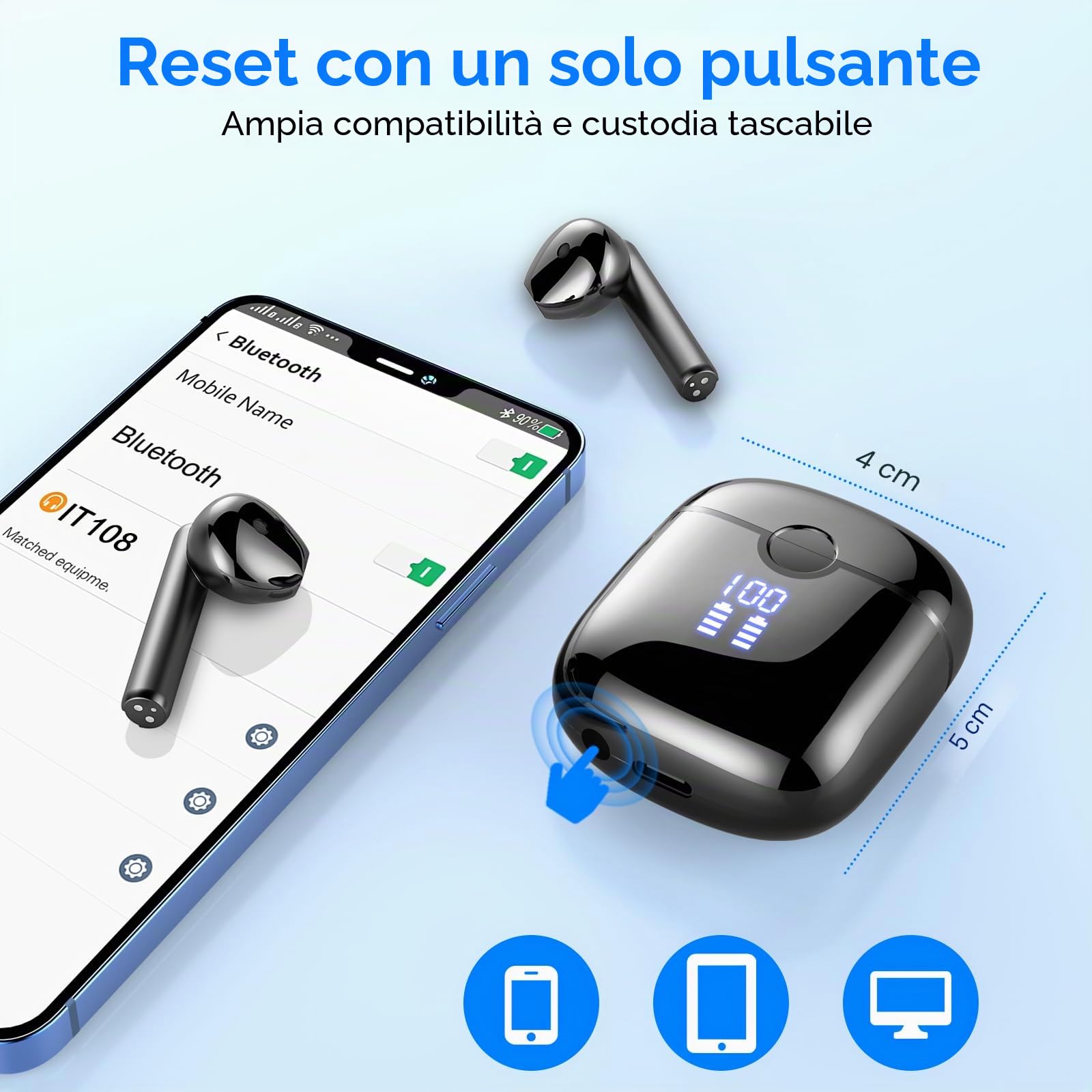 Cuffie Bluetooth 5.3 Wireless con Stereo HiFi, 40 Ore Autonomia, In Ear ENC Cancellazione Rumore, 4 Mics, IP7 Impermeabile, USB-C, LED Display