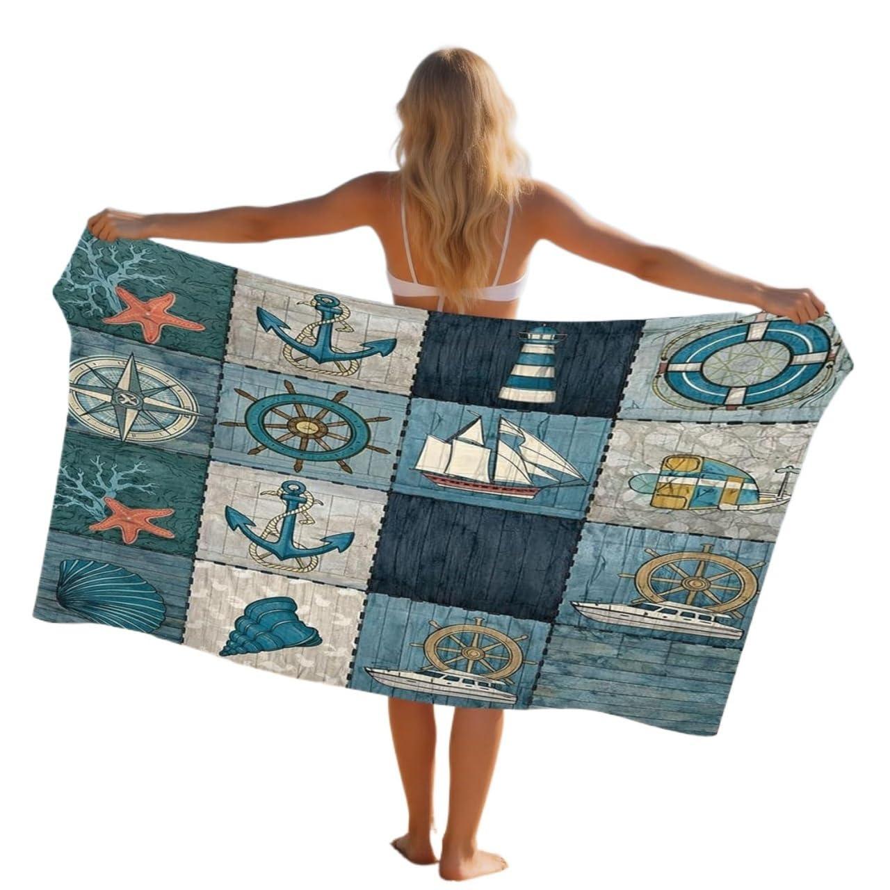 LYVQZPWLR Microfibre Beach Towel， Blue Boat Anchor Microfibre Beach Towel Quick Dry Lightweight Multiple Sizes Travel Swim(100x200 cm)