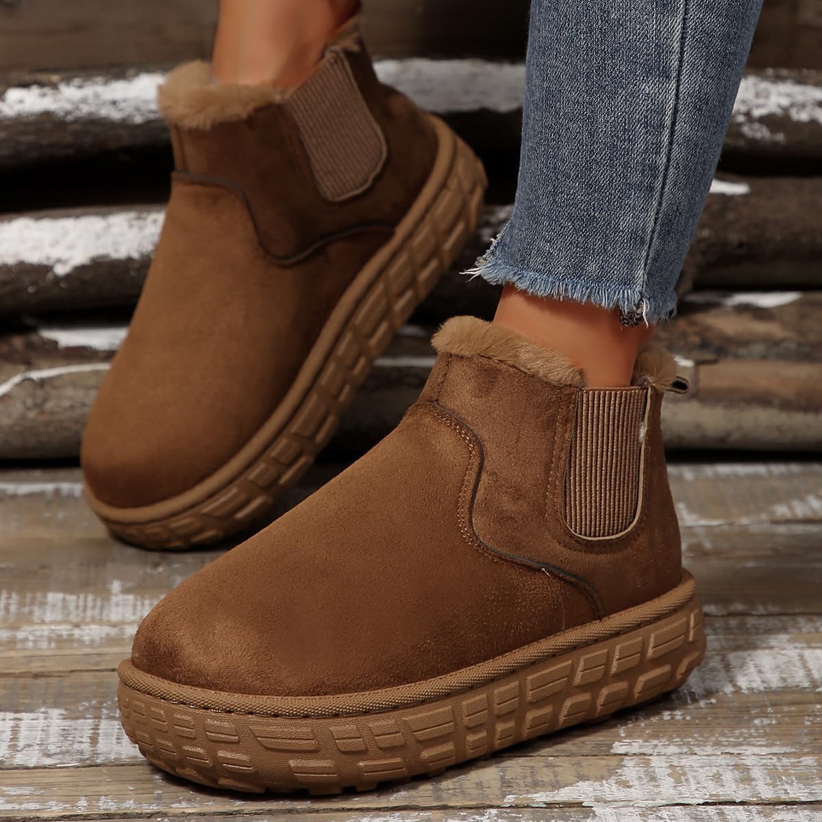 Harssidanzar Women's Suede Plush Ankle Boots with Faux Fur Lining EVA Sole Winter Boots CL205US