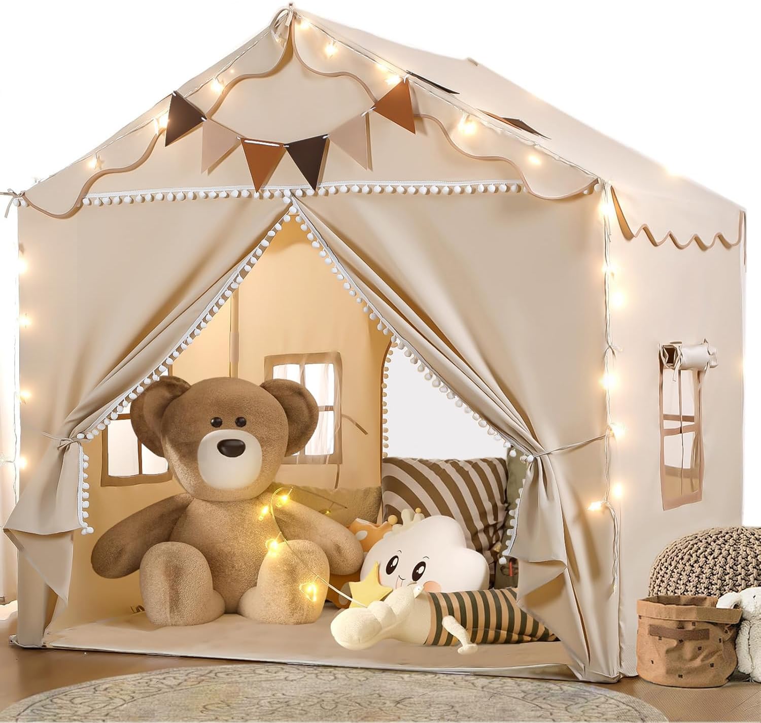 2 in 1 Kid Play Tent with Padded Mat and Light, Large Playhouse for Kids Indoor & Outdoor, 2 Doors and 4 Windows, 51" x 39" x 53", Toy Gift for Boys and Girls