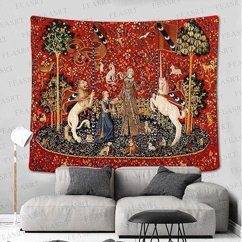 Miniatura 2 de FEASRT Tapiz medieval de princesa de doncella y unicornio, tapiz real europeo, 60 x 51 pulgadas, franela suave, para sala de estar, decoración de