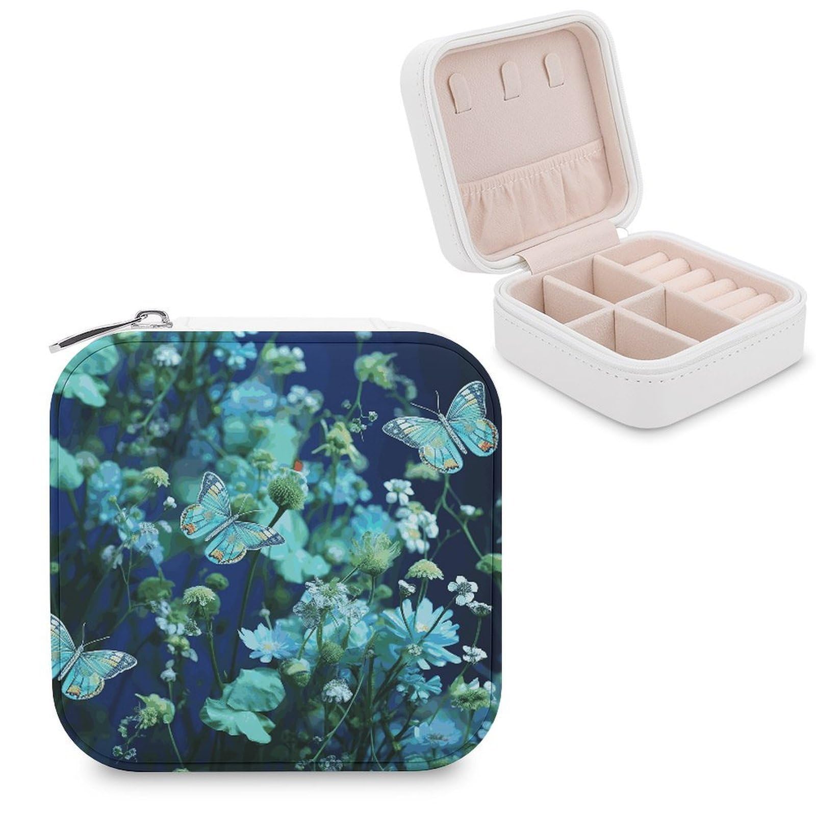 JTREHY Travel Green Butterfly And Blue Flowers Jewelry Case Portable Display Storage Box PU Leather Mini Jewelry Travel Case Personalized Travel Jewelry Organizer Small Jewelry Box for Women