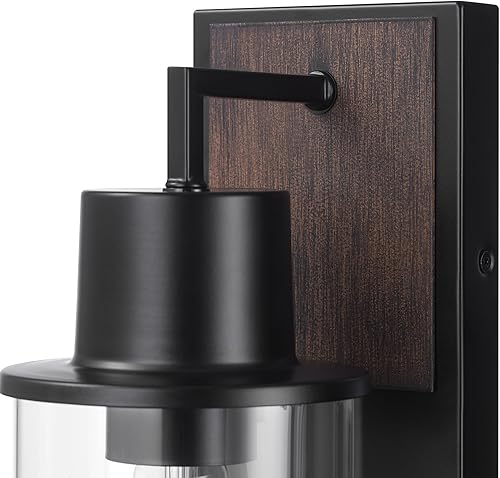 Miniatura 5 de Globe Electric 60000025 Aplique de pared para exteriores de 1 luz, negro mate, acento de madera sintética, pantalla de vidrio transparente, bombilla