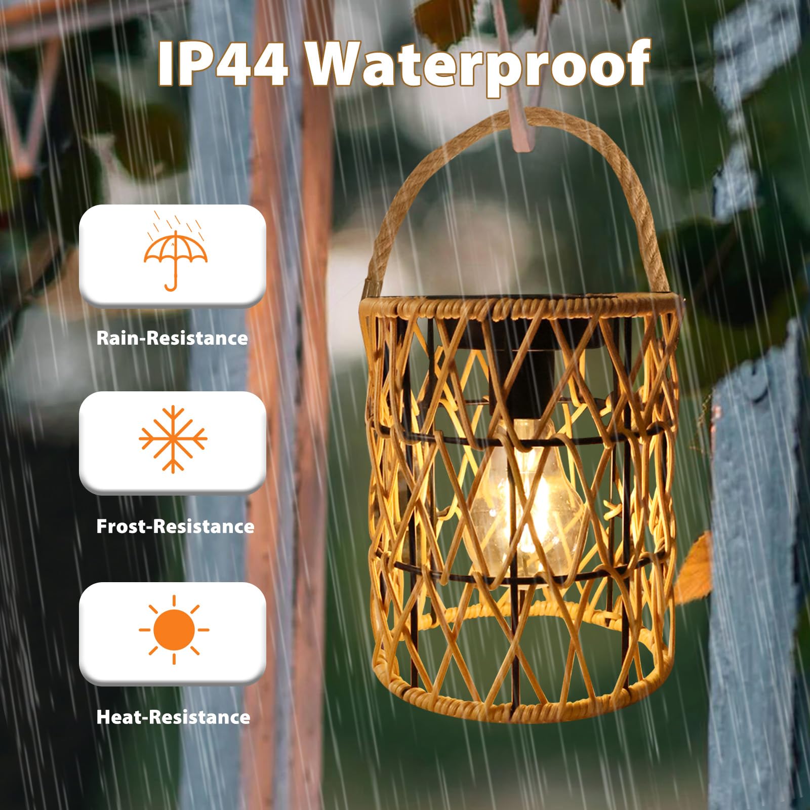 Lanterne solari da appendere per esterni, impermeabili, confezione da 2 luci solari in rattan, decorazione per cortile, giardino, sentiero, sentiero, tavolo