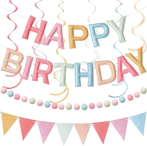 Cartel de fieltro preencordado con texto en inglés Happy Birthday en colores pastel retro, decoración de fiesta de cumpleaños con guirnalda de