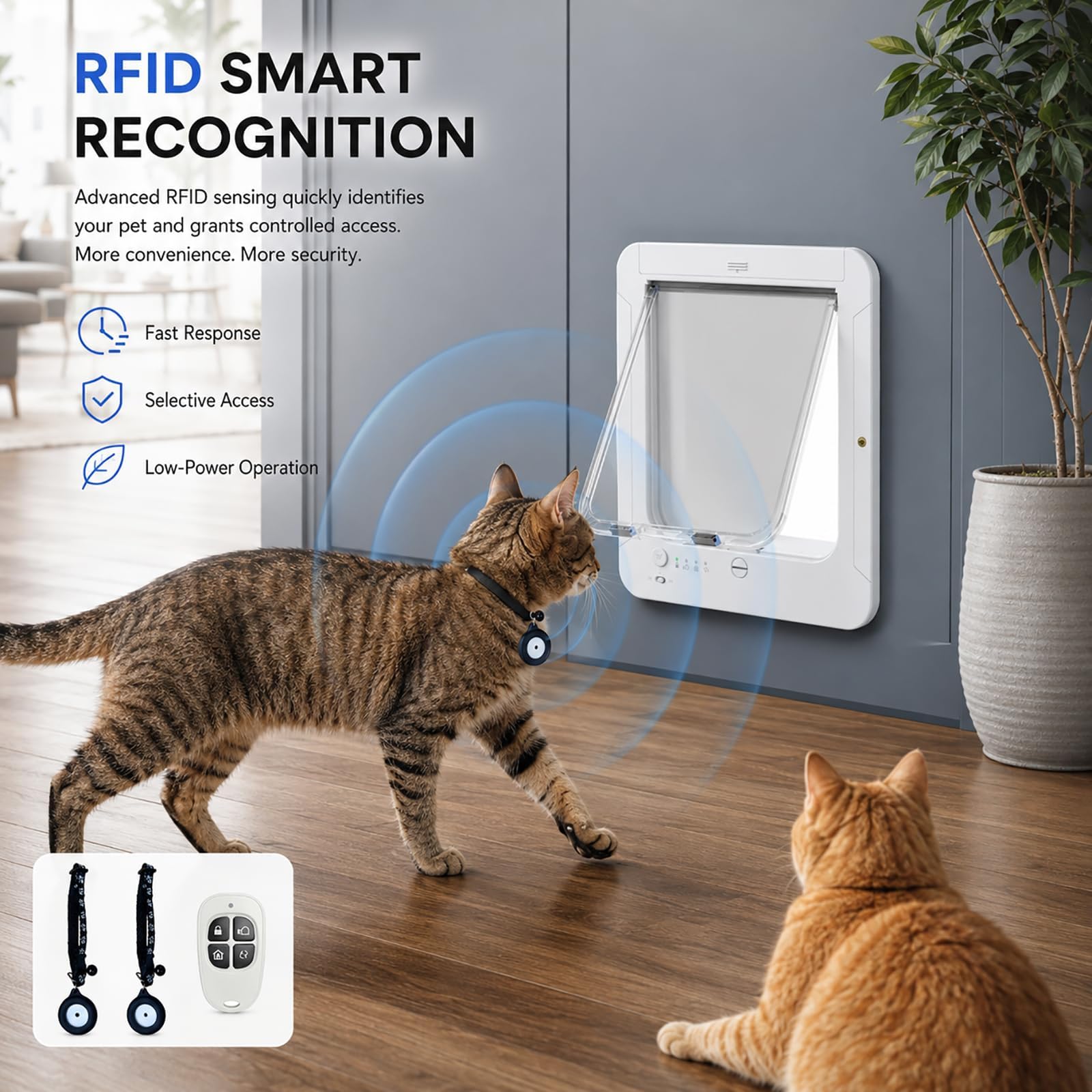 Puerta Inteligente para Gatos, Puerta Automática para Mascotas | 2 Lectores de Microchip, Control Remoto, Fácil Instalación, Resistente a la Intemperie, Gatos, Perros Pequeños(black)