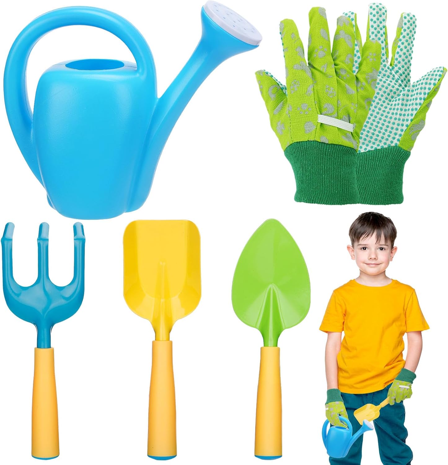 Biubee Toddler Gardening Tools Set - Sturdy Kids Watering Can Toy, Child Gardening Set with Metal Shovel Hand Rake Kids Gloves, Garden Toys for Baby Outdoor Beach Sand Toy Gift, Blue