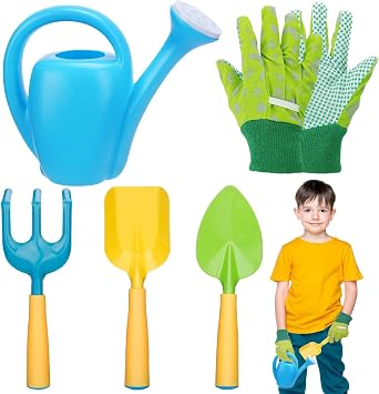 Biubee Toddler Gardening Tools Set - Sturdy Kids Watering Can Toy, Child Gardening Set with Metal Shovel Hand Rake Kids Gloves, Garden Toys for Baby Outdoor Beach Sand Toy Gift, Blue