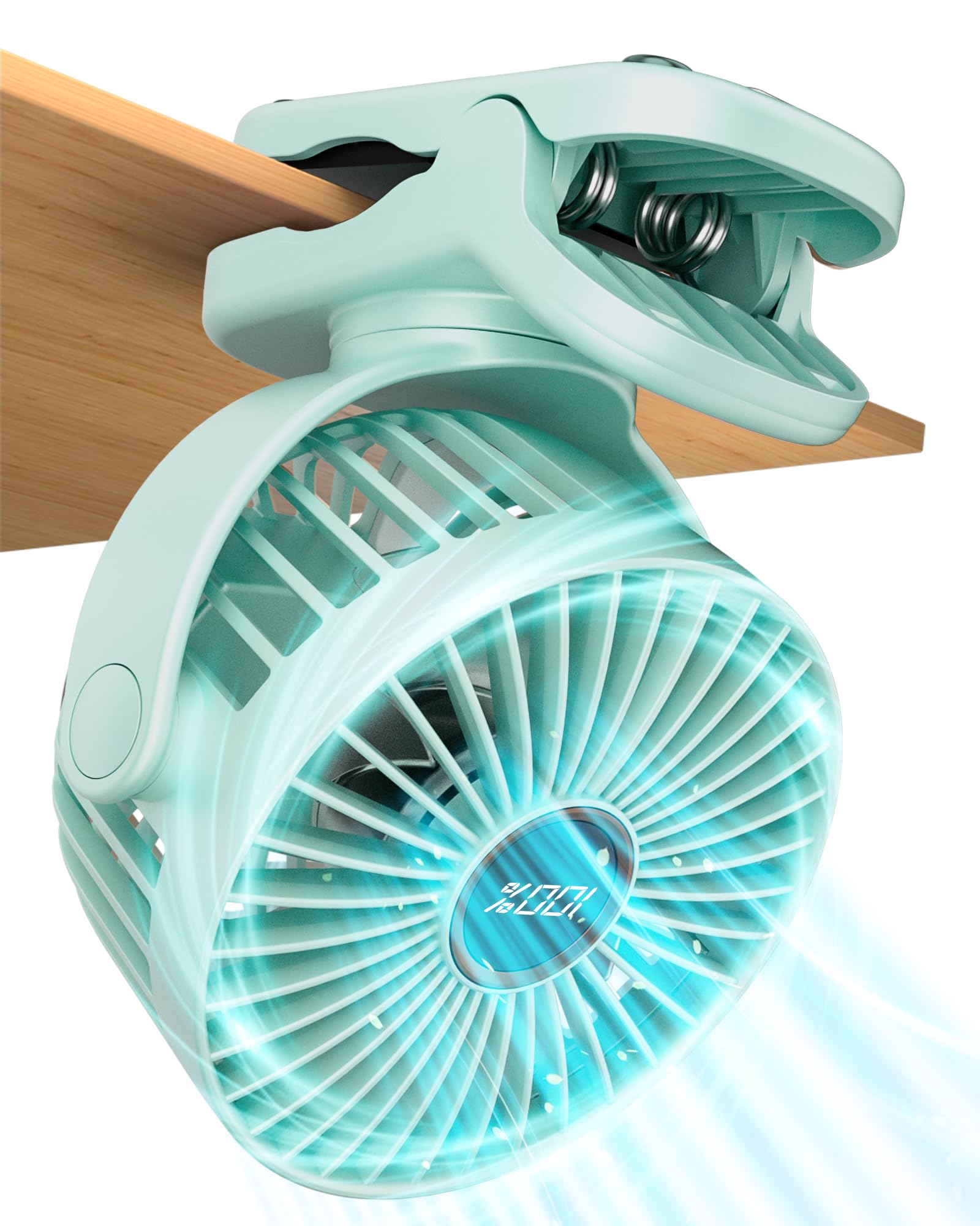 Portable Desk Fan, Battery Powered Stroller Fan With Strong Clamp Grip, 360° Rotation, 3-Speed & LED Display, Small Rechargeable Personal Clip On Fan For Bedroom, Office, Gyms, Aqua