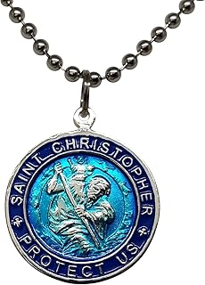 St. Christopher Surf Necklace, Large Pendant, Aqua Blue with Navy Rim, 23 Inch Ball Chain