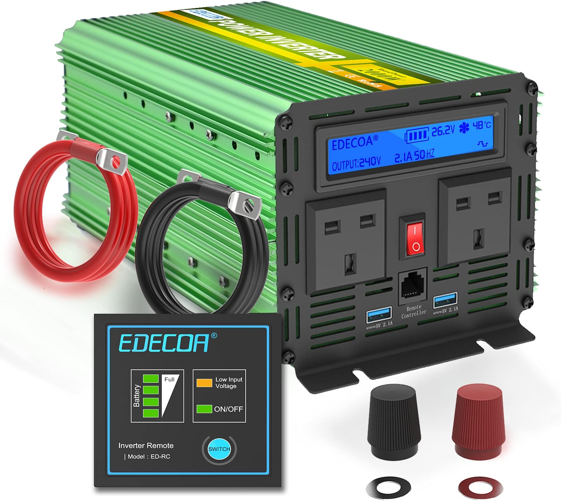 EDECOA 2000W 24V Power Inverter DC 24V to 240V 230V 220V AC with LCD Display, Remote Control and Dual USB Ports