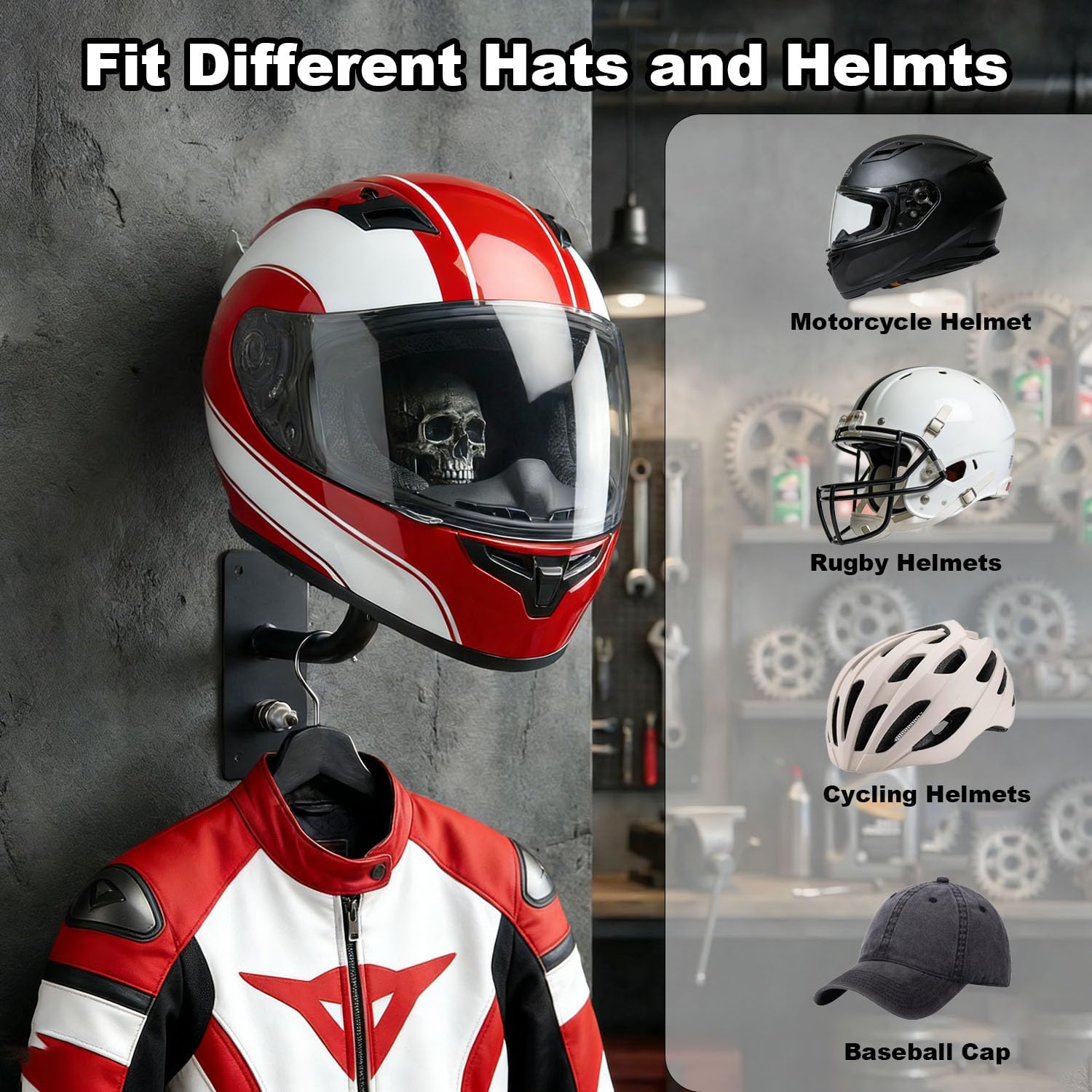 Motorcycle Helmet Skull Holder, Wall Mount Helmet Rack, Resin Crafts,Skull Helmets Holder Suitable for Motorcycle Cap, Baseball Cap, Bicycle Cap, Hat Storage Rack,Sports Gear (Type-G)