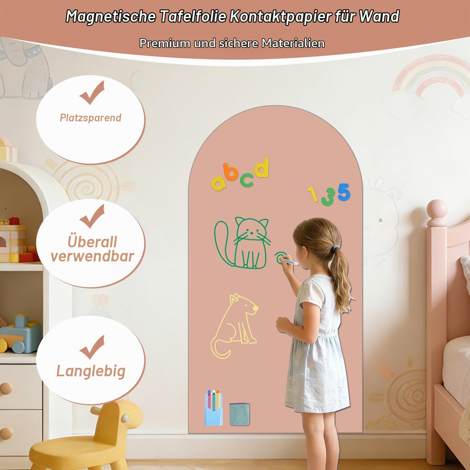 Magnetische selbstklebende Tafelfolie mit Zubehör, 120x60 cm, Rosa | Abwischbare Magnettafel für Schule & Büro, inkl. Kreide, Magnete & Mikrofasertuch –selbstklebende schwarze Wandtafel