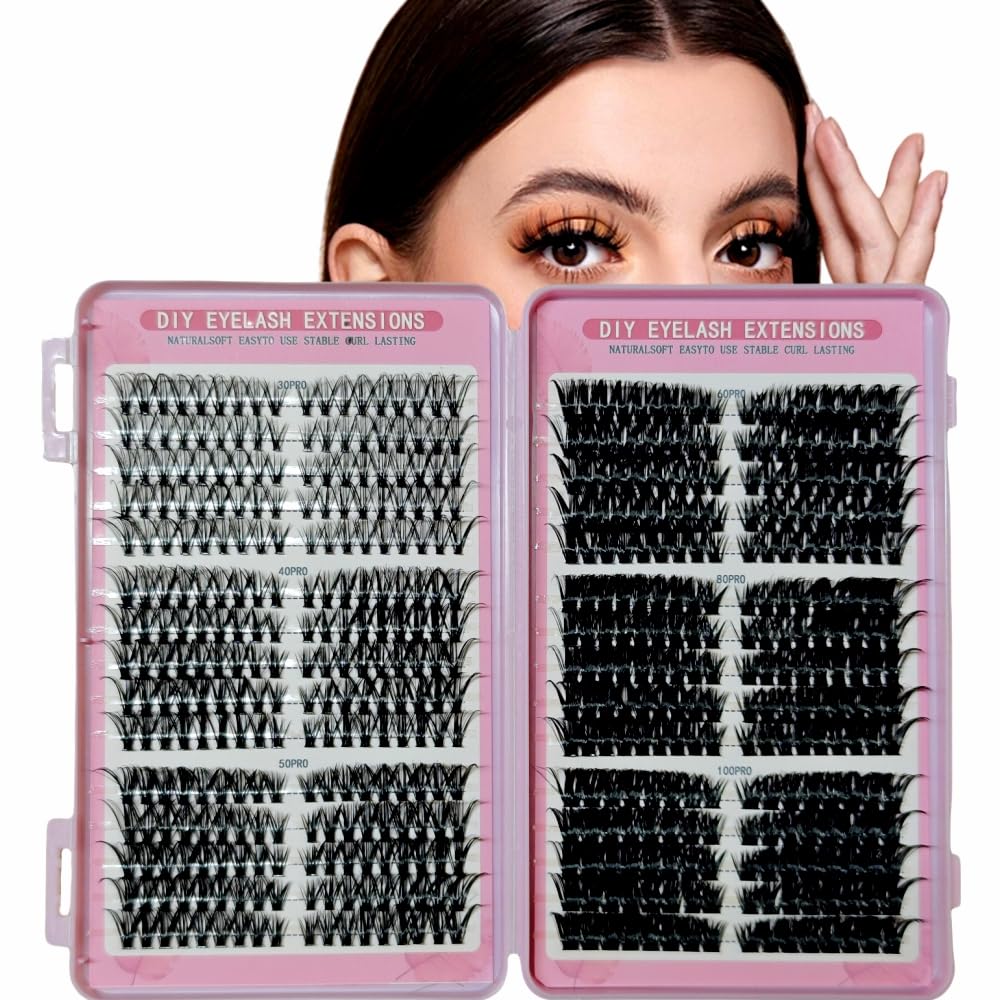 Ciglia Cluster 600 pezzi 30-40-50-60-80-100D ciglia personalizzate Wispy ciglia naturali a grappolo fai da te 8-16 mm ciglia finte per ragazze e donne (nero)