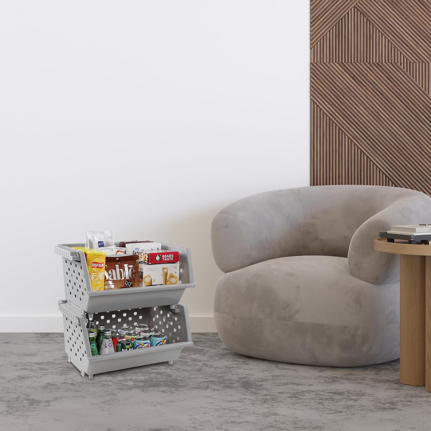 3 Pack Plastic Stackable Storage Baskets, Open Front Stacking Bins, Grey