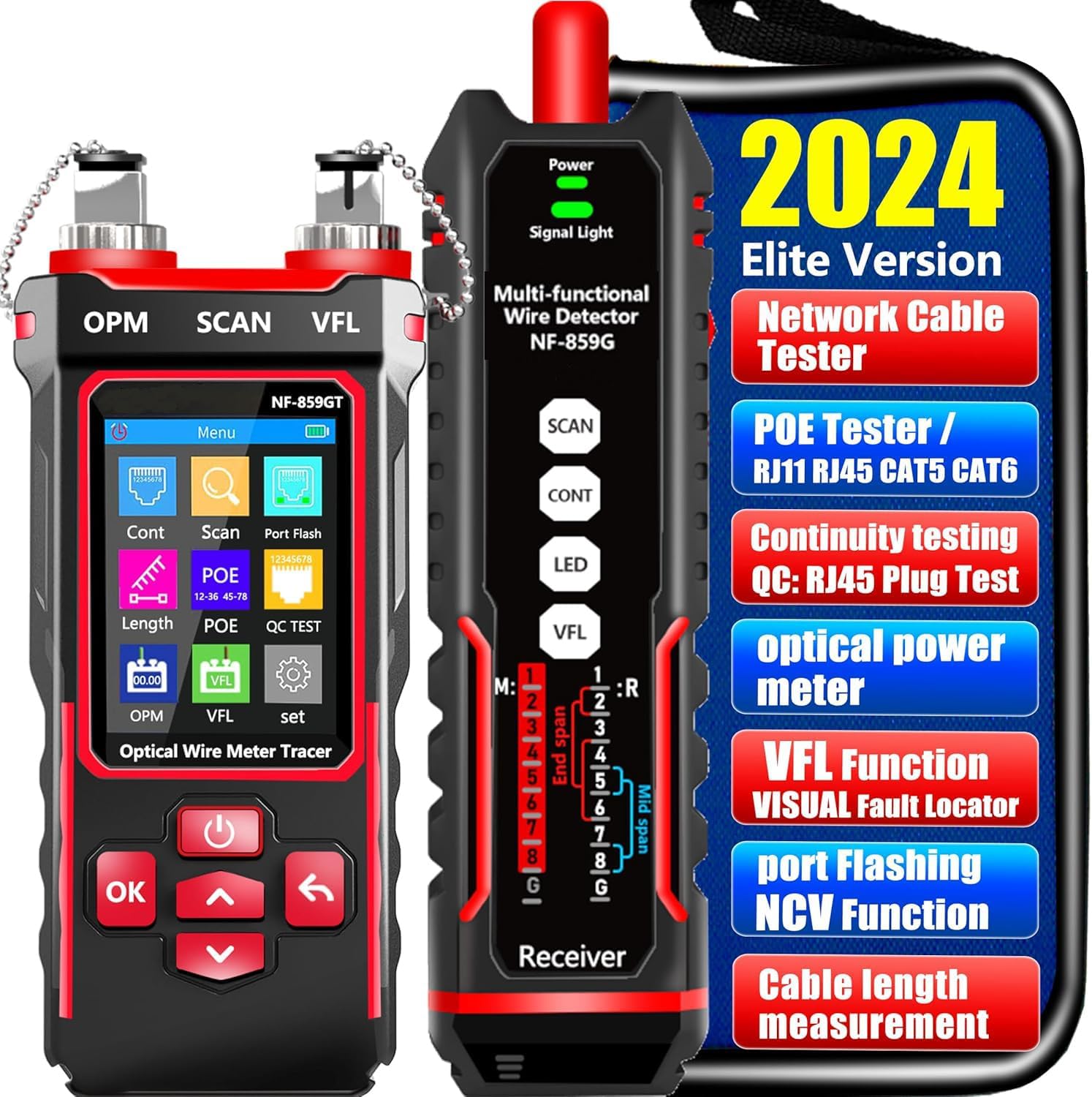 NF-859GT Network Cable Tester with Optical Power Meter10mw VFL,for RJ45 RJ11 CAT5 CAT6 POE/Phone Lines CAT3LAN Tone Probe Kit NCV&Ethernet Wire Tracer Fiber TesterNetwork Tools