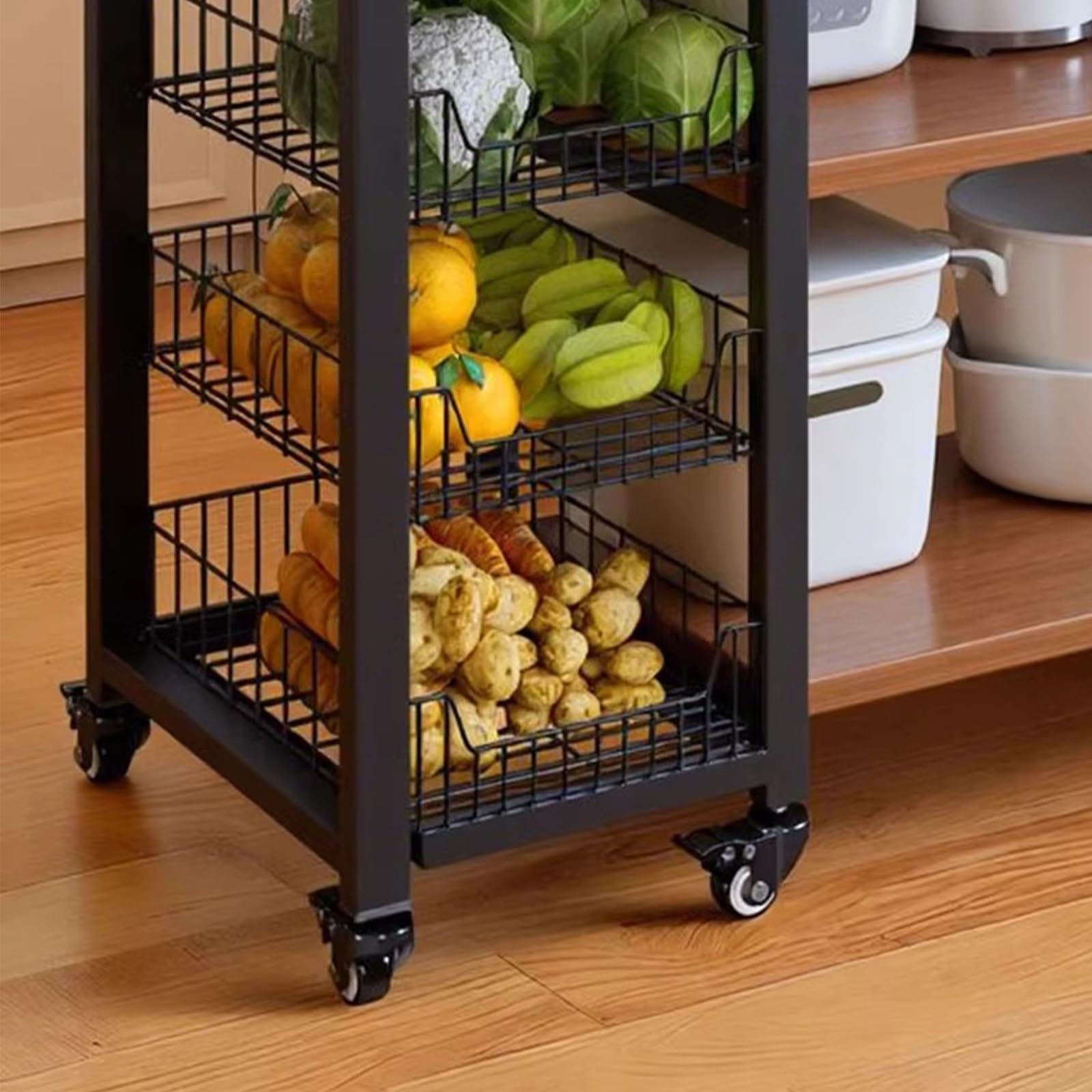 Rolling Kitchen Island Koszyk z drewnianym blatem, metalowy, druciany, mały wózek Sto do jadalni, gotowania i przygotowywania jedzenia, futra kuchennego