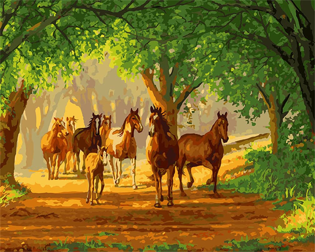 CaptainCrafts Paint by Numbers for Adults, Paint by Numbers DIY Oil Painting Linen Canvas 16x20 Inch Wall Art House Decor Gifts (Frameless, A Herd of Horses in The Shade)