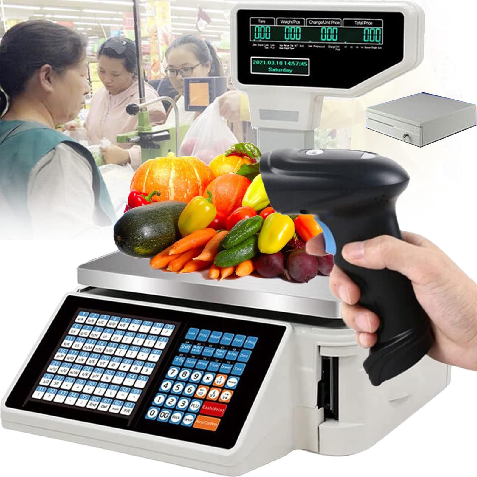 JKJZSALJ Scale With Label Printer,Cash Register Scale,Label Printing Scales,30Kg Digital Scales,Dual Display Counting Scale,With Cashbox ＆ Scanner,For Supermarket/Ret,A+gun+cashbox