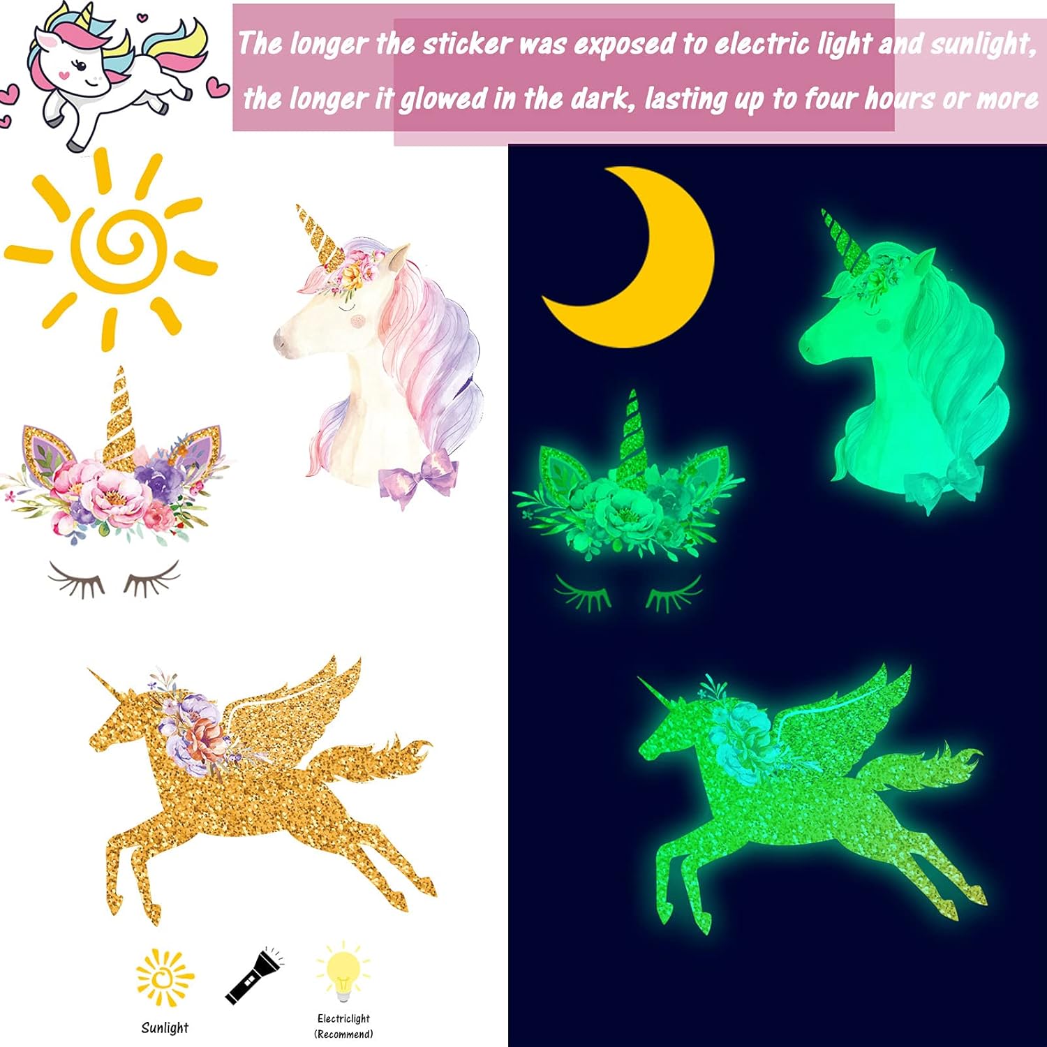 Glow in The Dark Stars Wall Decals - Glowing Unicorn Mural Stickers with Rainbow Flower Heart Clouds Bubbles Room Decor for Bedroom Ceiling Home Birthday - Image 5