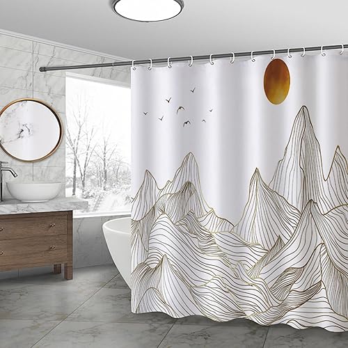 Miniatura 10 de Juego de 4 cortinas de ducha de baño, cortina de baño de tela impermeable con 12 ganchos, cubierta para tapa de inodoro y tapete de baño, tapete
