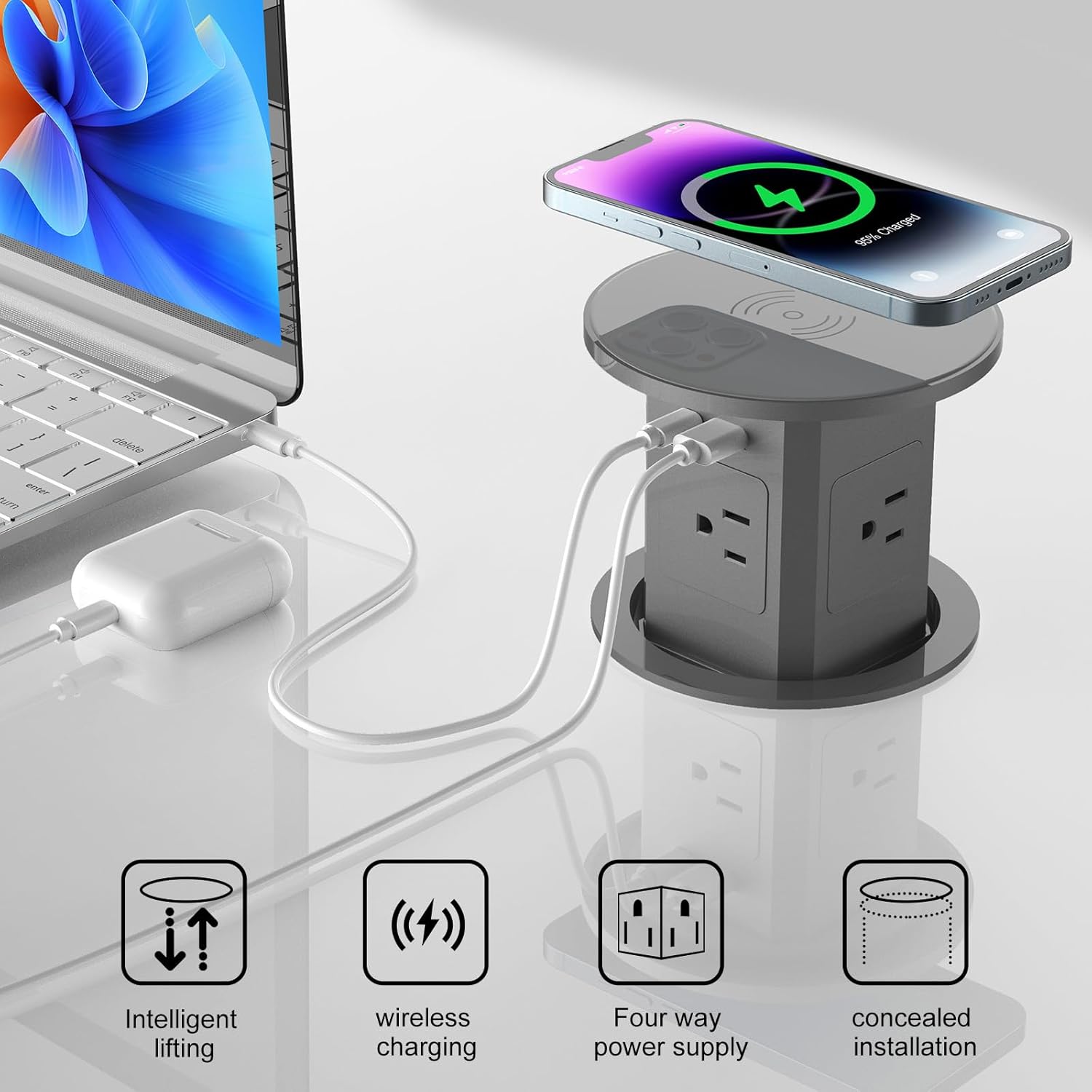 Aluminum Pop Up Outlet with 15W Wireless Charger, 4 AC Outlets & 2 PD 20W USB Fast Charging, 3.93" Desk Wire Hole Insert, Pop Up Countertop Outlet for Home Office Kitchen (Gray)