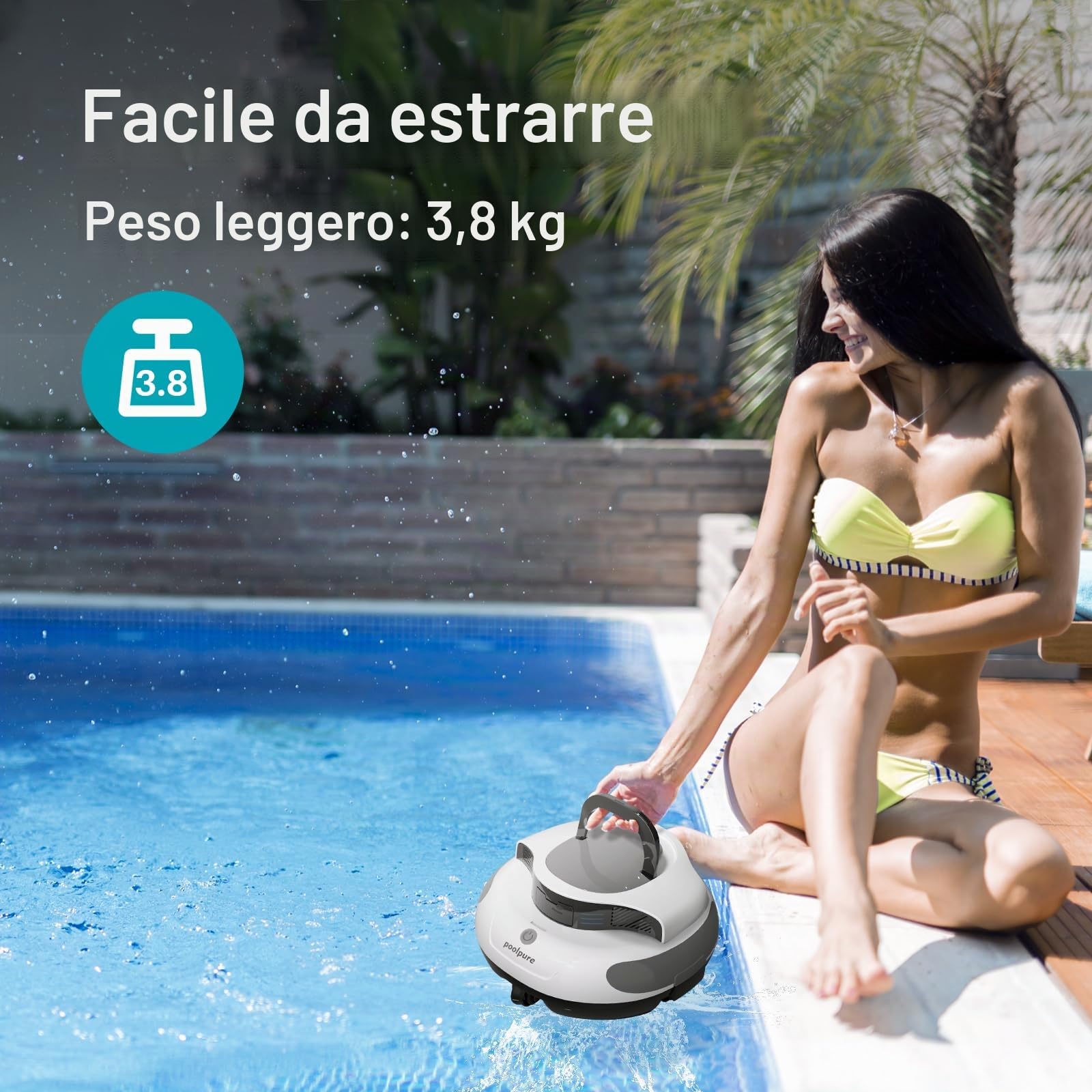 POOLPURE 2026 Robot aspirapolvere per piscina a batteria: Aspirapolvere senza fili per piscina con 100 min. di autonomia, Pulitore automatico per piscine a installazione piatta fino a 90 m², IPX8