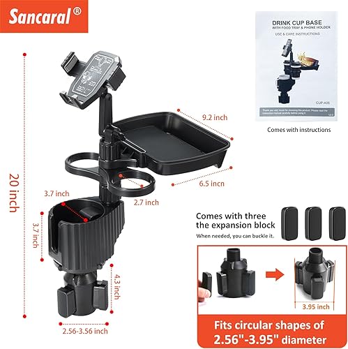 Miniatura 6 de Expansor de portavasos grande para automóvil, extensor de portavasos 5 en 1 con soporte para teléfono y bandeja giratoria y desmontable para comer,