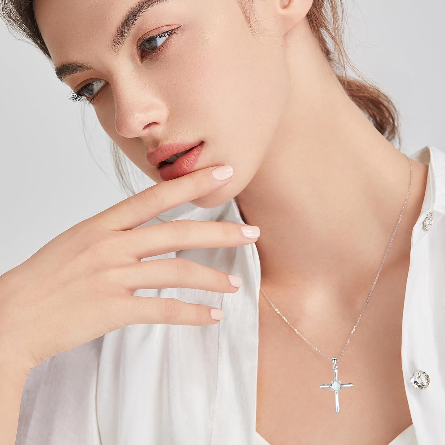 FANCIME Birthstone Cross Necklace for Women Sterling Silver Birthstone Necklace Halo Infinity Cross Pendant Necklace Fine Jewelry Valentines Day Gifts Birthday Holiday Gifts for Her, 16"+2" Inches - Image 3