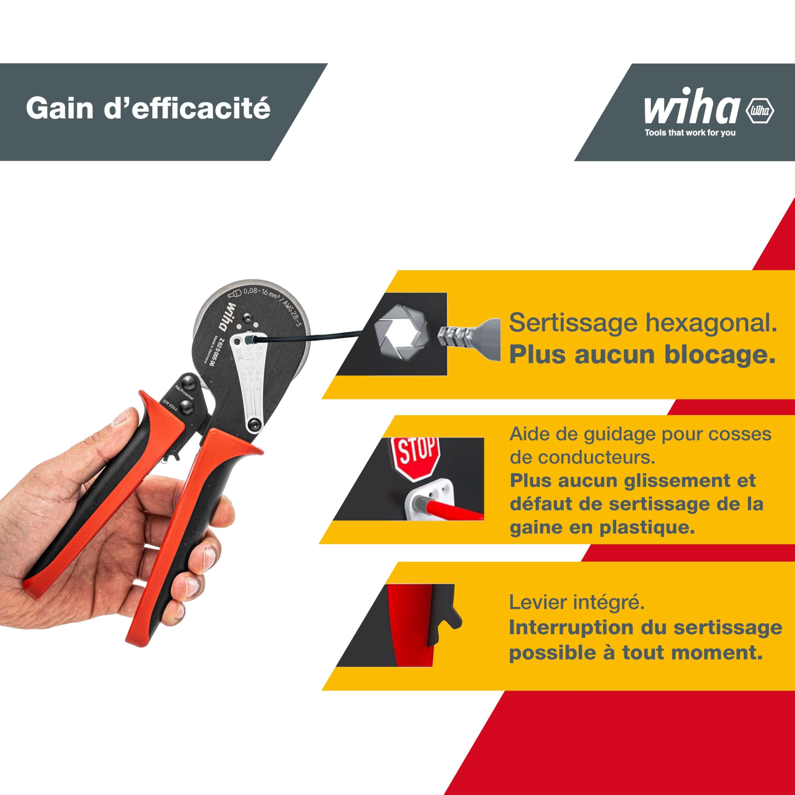 Wiha Pince à sertir professionnelle avec ajustement automatique pour embout de câble 0,08 à 16 mm² (41246) Sertissage de cosse six pans électricien | (41246) Crimping pliers I crimping tool I hexagonal crimping I ferrule pliers for electricians I electric