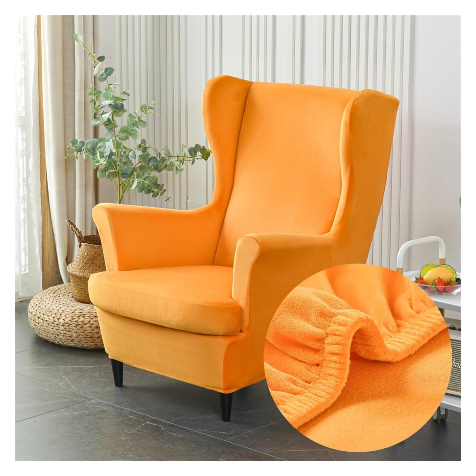 WJHDWYD 2-Piece Stretch Velvet Wingback Chair Cover Armchair Cover with T-Cushion Cover, Solid Color Fashion Non-Slip Armchair Cover for Strandmon,Bedroom(Orange)